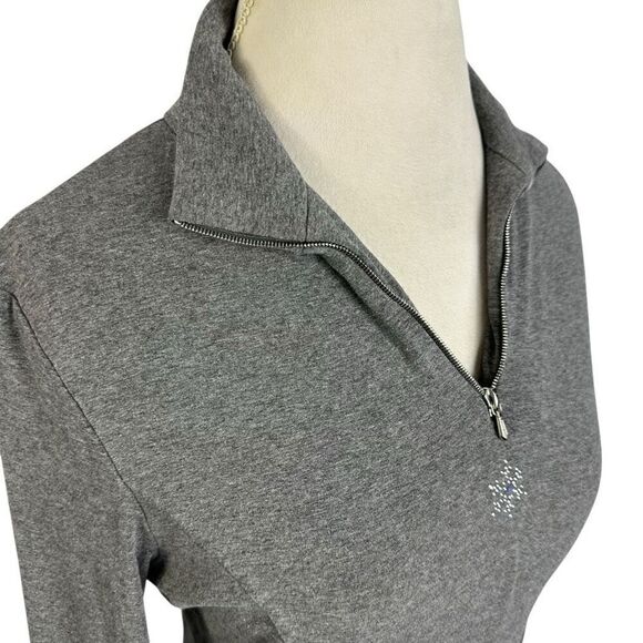 Snoskins Gray 1/4 Zip pullover Beaded Snowflake Crop Length Ski Cabin Size S - Picture 6 of 9